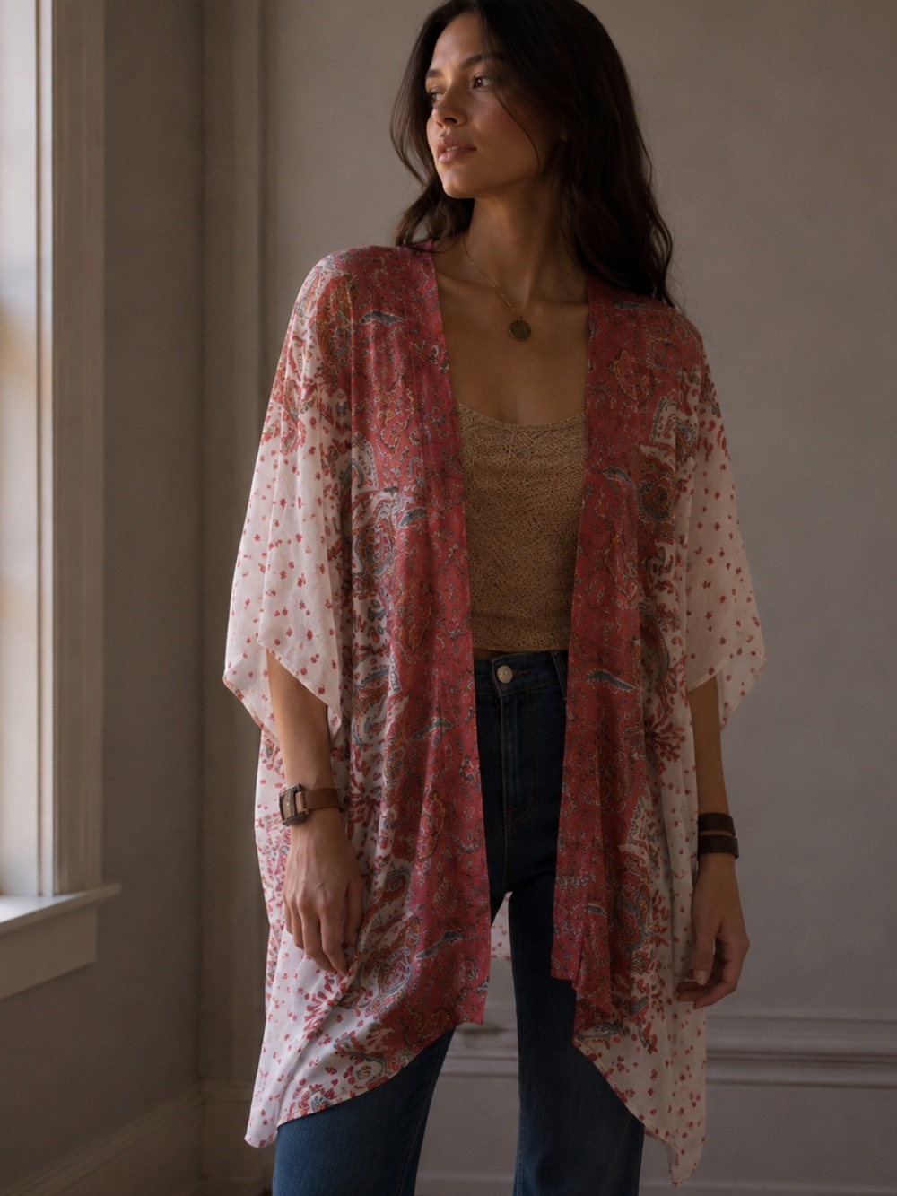 Zac & Rachel Red White Paisley Kimono Coverup Cardigan Size Small